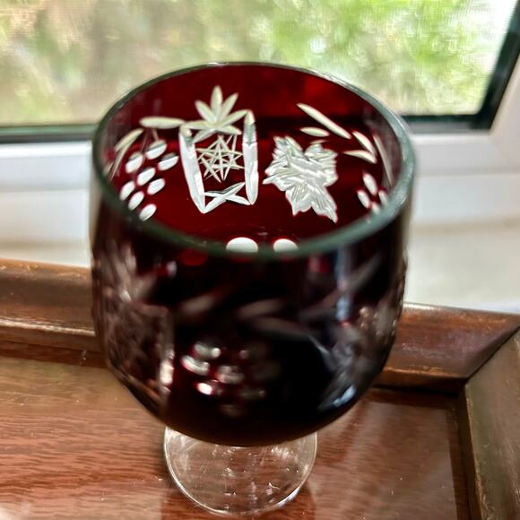 Set of 5 Vintage Cranberry Cut-to-Clear Bohemian-Style Cordial Glasses - Picture 2 of 13